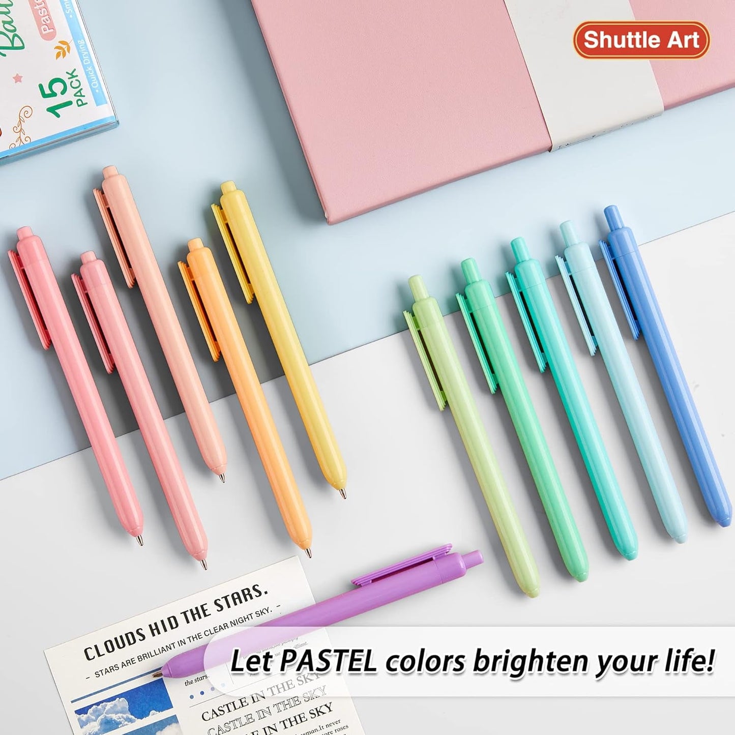 Shuttle Art Pastel Retractable Pens, Ballpoint, 1 mm, Black Ink, 15 Pack