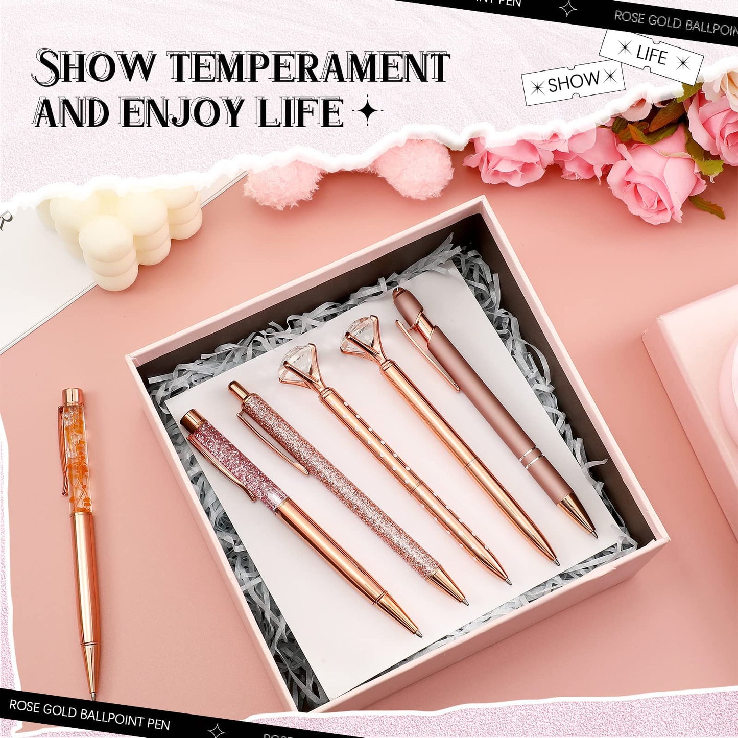 8 Pcs Rose Gold Ballpoint Pen Women Stationery Gifts Journaling Liquid Sand Glitter Black Ink Pens Bridal Shower Gifts for Wedding Office Desk Supplies