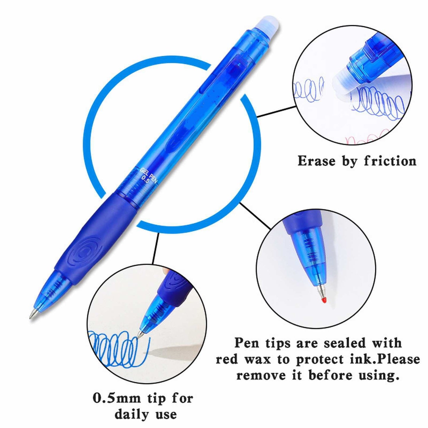 LKXGBMY Erasable Gel Pens, Fine Point 0.5 mm Retractable Erasable Pens Clicker, Make Mistakes Disappear, Inks for Drawing Writing Planner and Crossword Puzzles, Blue