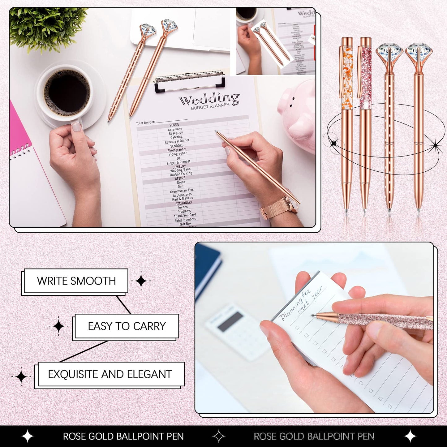 8 Pcs Rose Gold Ballpoint Pen Women Stationery Gifts Journaling Liquid Sand Glitter Black Ink Pens Bridal Shower Gifts for Wedding Office Desk Supplies