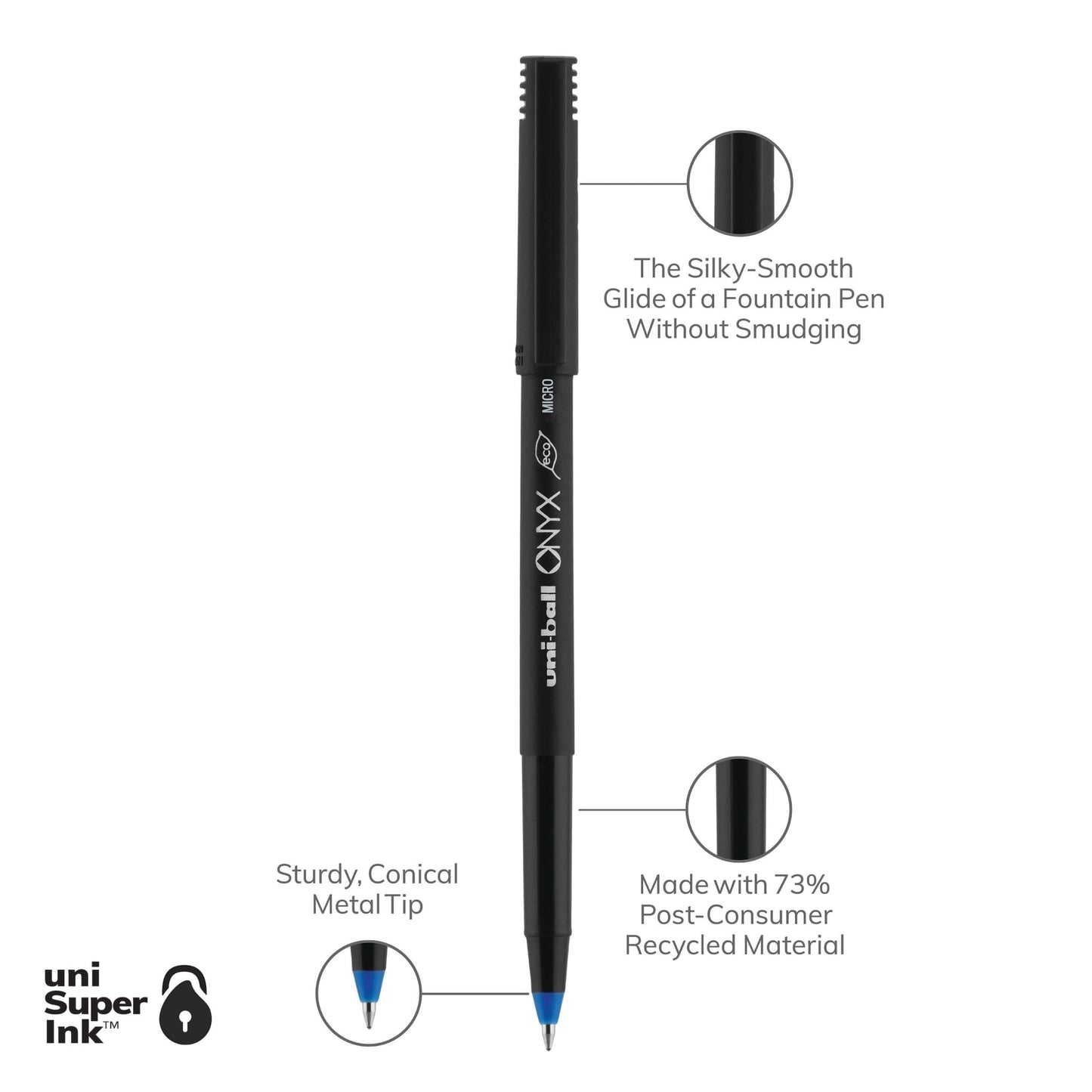 Uniball ONYX Rollerball Pens, Micro Point (0.5mm), Blue Ink, 12 Count
