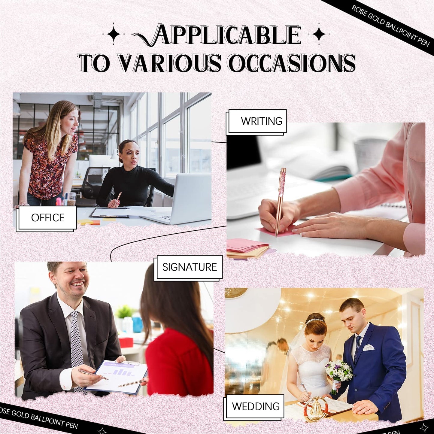 8 Pcs Rose Gold Ballpoint Pen Women Stationery Gifts Journaling Liquid Sand Glitter Black Ink Pens Bridal Shower Gifts for Wedding Office Desk Supplies