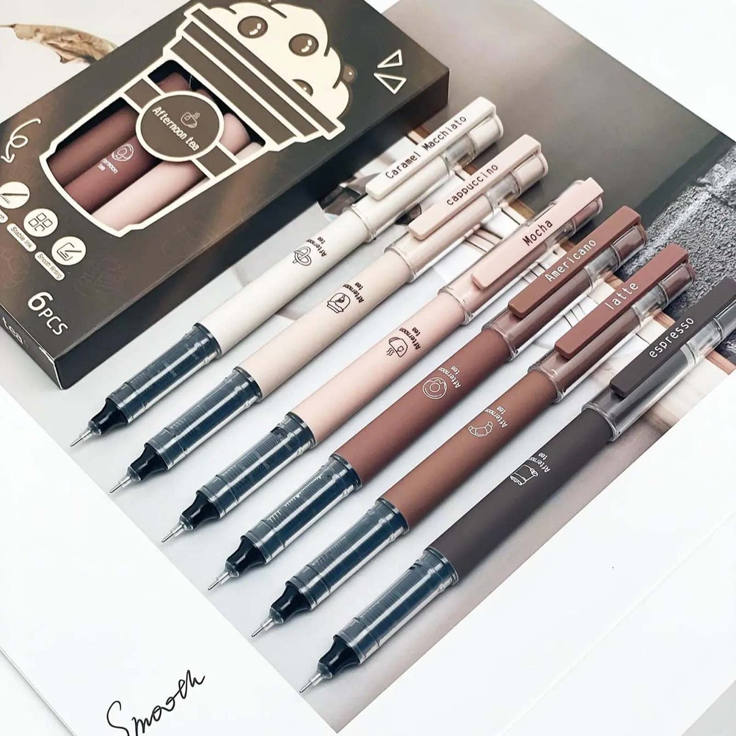 6 Pcs Cute Gel Pens, Pens Fine Point Smooth Writing Pens, Coffee Theme Liquid Quick Drying Ink Gel Pen, 0.5mm Fine Nib Black Ink, Smooth Writing Pen for Note Taking Drawing