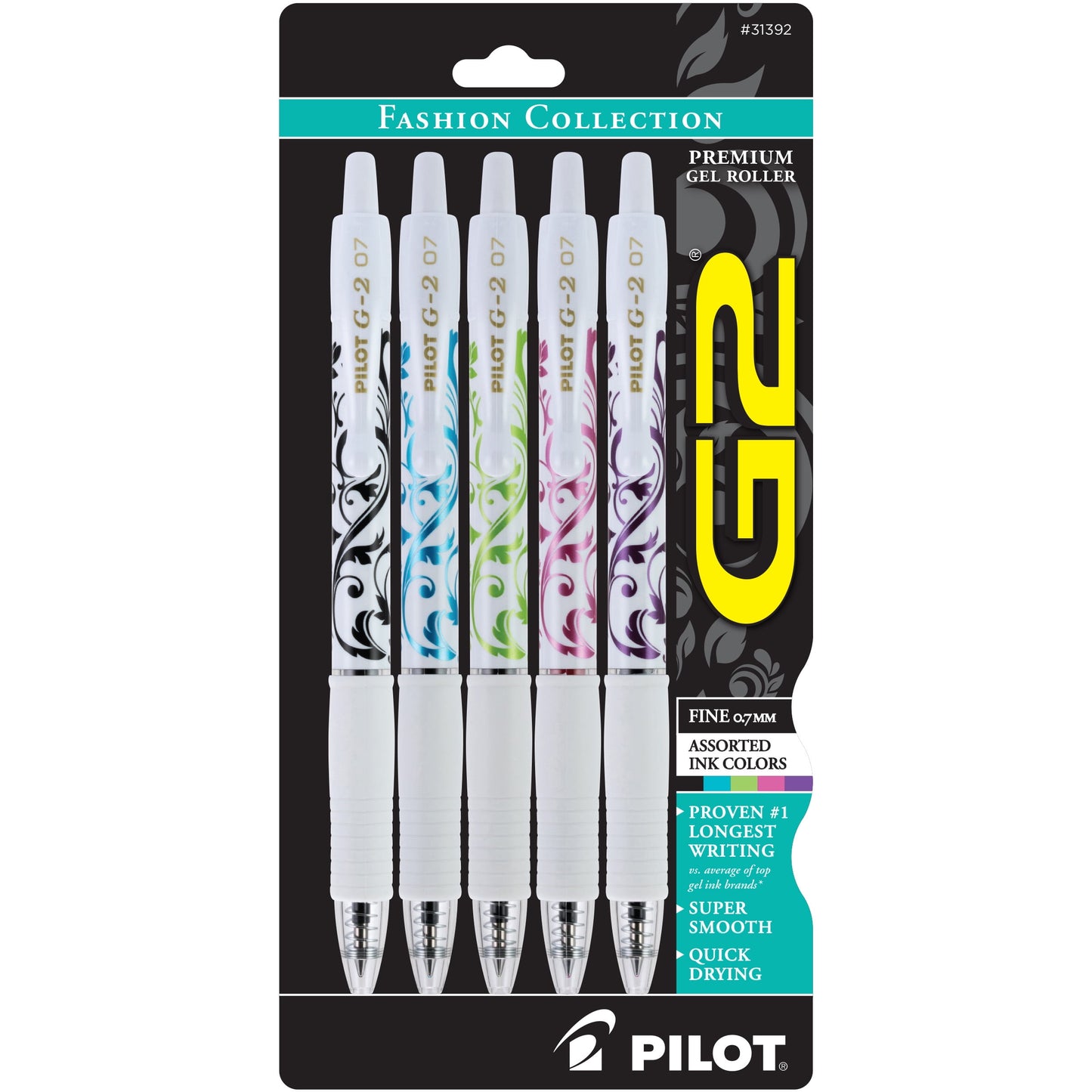 Pilot G2 Retractable White Barrel Fashion Collection Gel Ink Pens, Fine Point, 0.7mm, Assorted Ink Colors, 5 Count