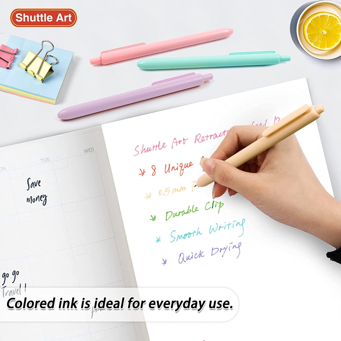 Colored Retractable Gel Pens, Shuttle Art 8 Pastel Ink Colors, Cute Pens 0.5mm Fine Point Quick Drying for Writing Drawing Journaling Note Taking