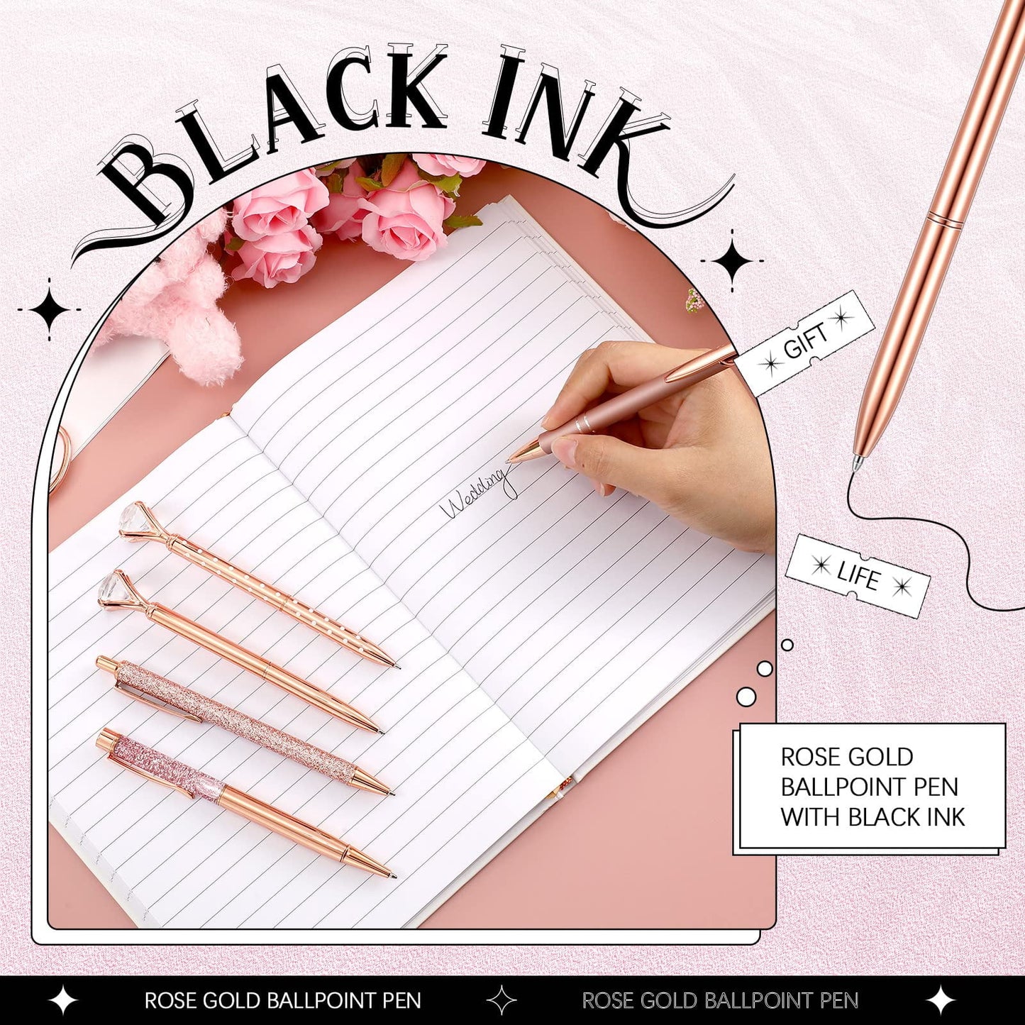 8 Pcs Rose Gold Ballpoint Pen Women Stationery Gifts Journaling Liquid Sand Glitter Black Ink Pens Bridal Shower Gifts for Wedding Office Desk Supplies