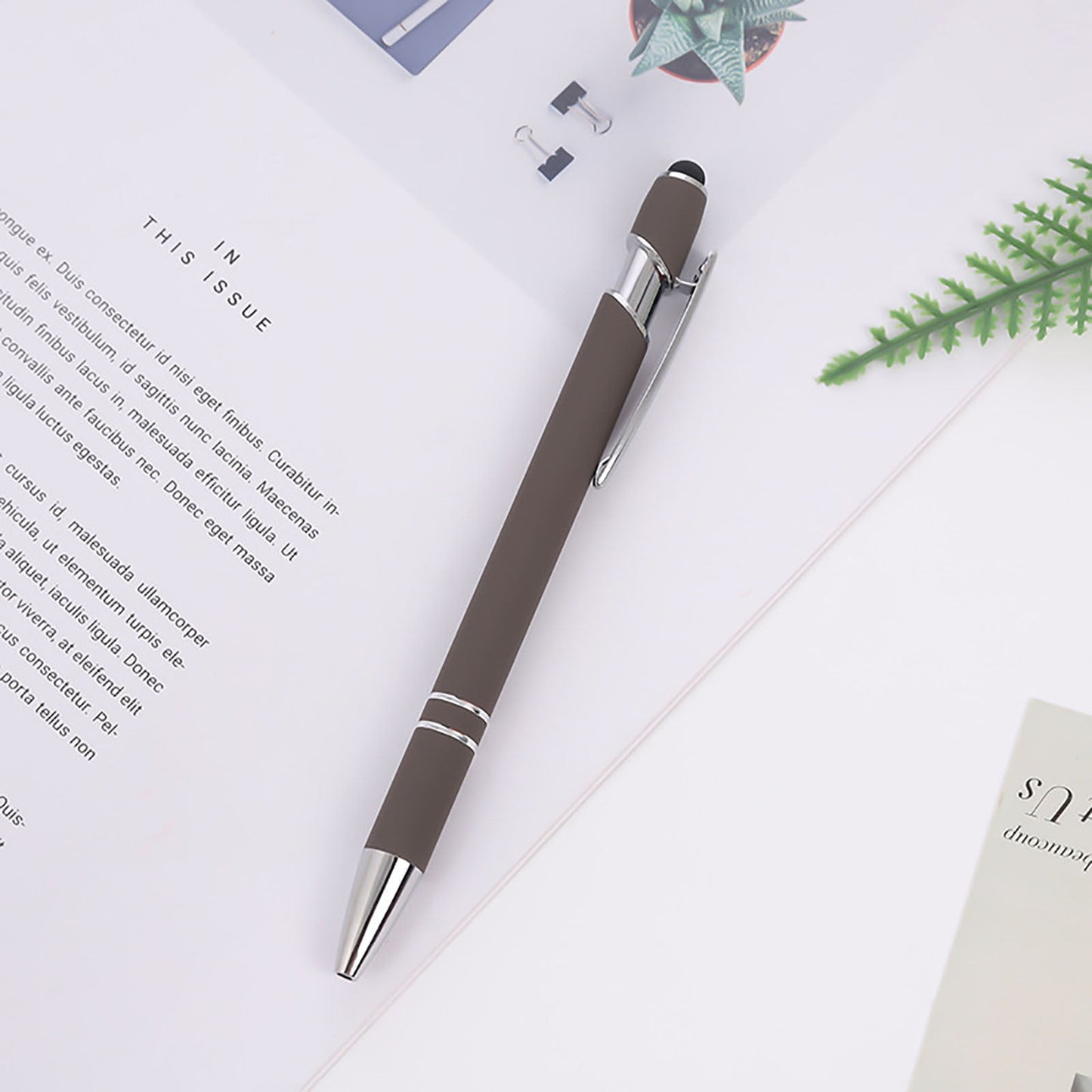 Hiroekza Aluminum Ballpoint Pen with Touchscreen Tip - Metal Body, 1.5g Ink, 5pc Set for Business, Student Writing, and Screen Use Brown