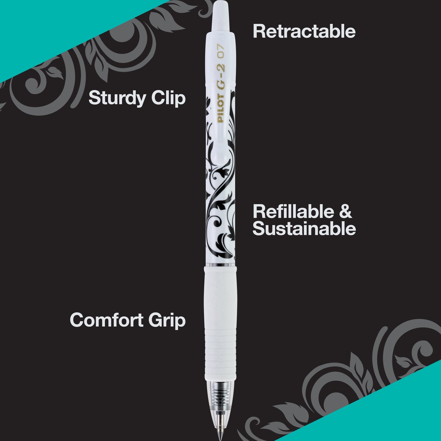 Pilot G2 Retractable White Barrel Fashion Collection Gel Ink Pens, Fine Point, 0.7mm, Assorted Ink Colors, 5 Count