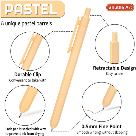 Colored Retractable Gel Pens, Shuttle Art 8 Pastel Ink Colors, Cute Pens 0.5mm Fine Point Quick Drying for Writing Drawing Journaling Note Taking