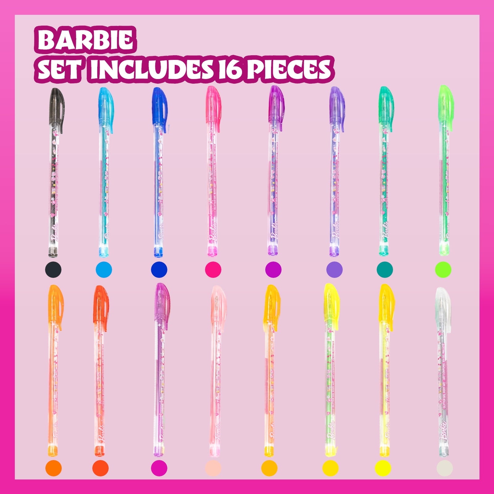 Barbie Glitter Gel Pens Body Markers Colorful & Bright Glitter Pens Gifts for Girls, 16 pcs