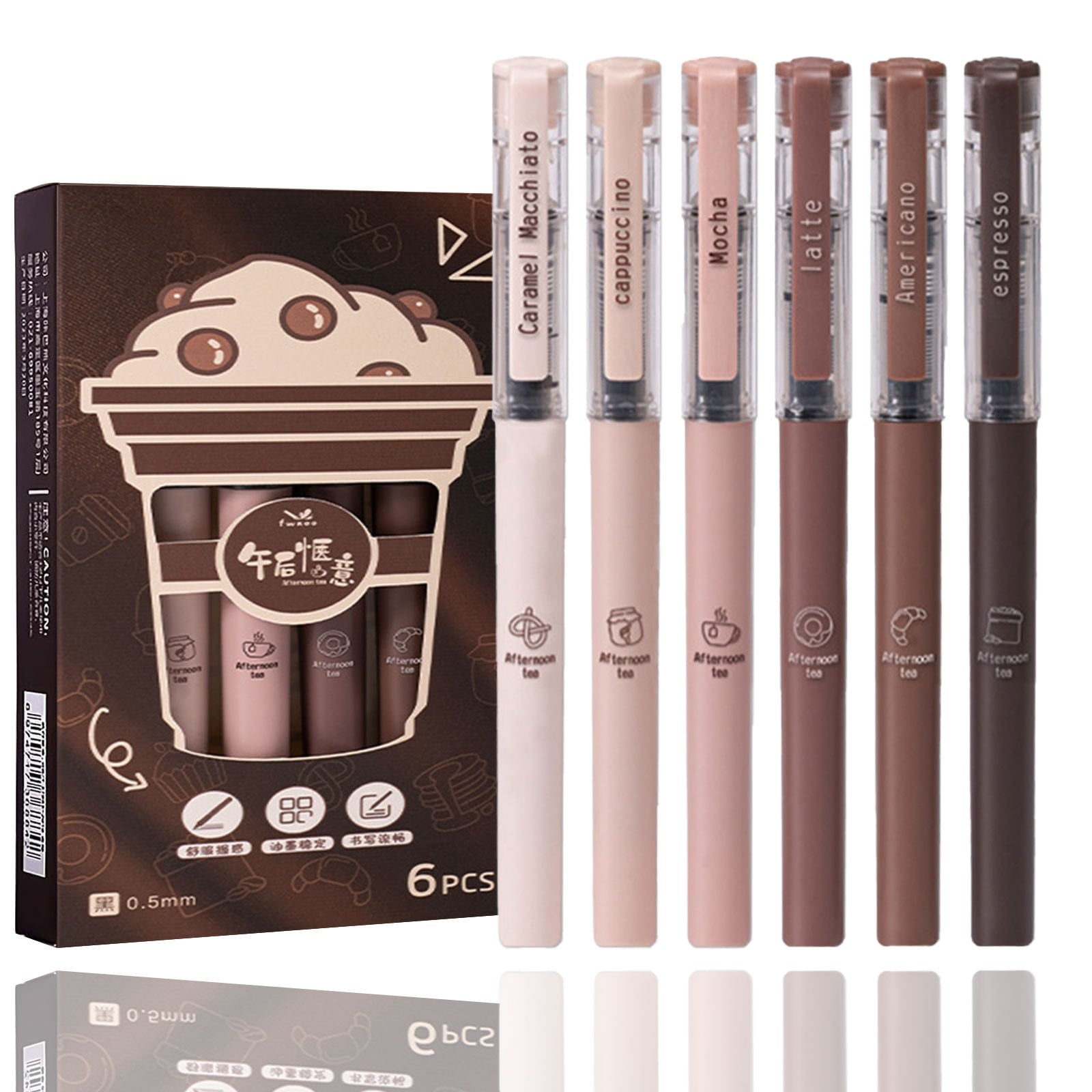 6 Pcs Cute Gel Pens, Pens Fine Point Smooth Writing Pens, Coffee Theme Liquid Quick Drying Ink Gel Pen, 0.5mm Fine Nib Black Ink, Smooth Writing Pen for Note Taking Drawing