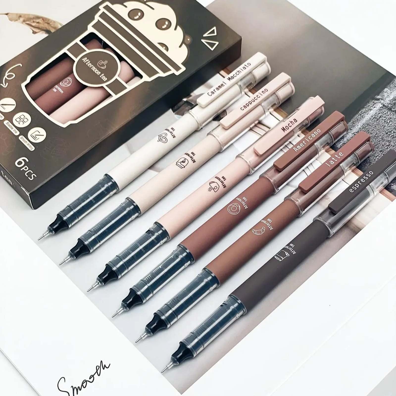 6 Pcs Cute Gel Pens, Pens Fine Point Smooth Writing Pens, Coffee Theme Liquid Quick Drying Ink Gel Pen, 0.5mm Fine Nib Black Ink, Smooth Writing Pen for Note Taking Drawing