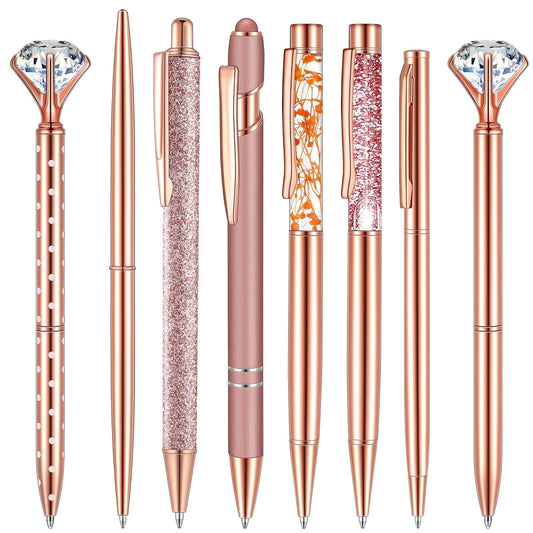 8 Pcs Rose Gold Ballpoint Pen Women Stationery Gifts Journaling Liquid Sand Glitter Black Ink Pens Bridal Shower Gifts for Wedding Office Desk Supplies