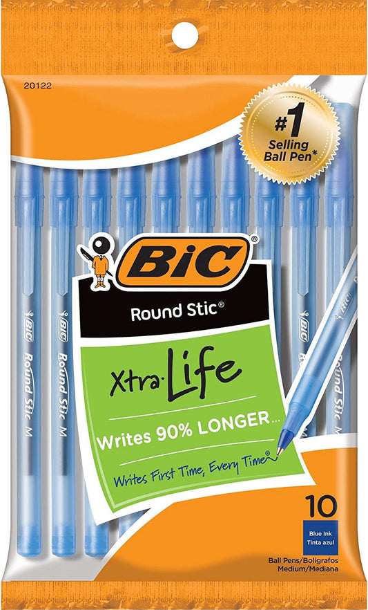 BIC Round Stic Xtra .. Life Ballpoint Pen, Medium .. Point (1.0mm), Blue, 10-Count