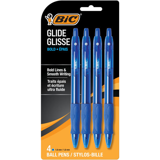 BIC Glide Retractable Ball Point Pen, Bold Point, 1.6mm, Blue Ink, 4 Count