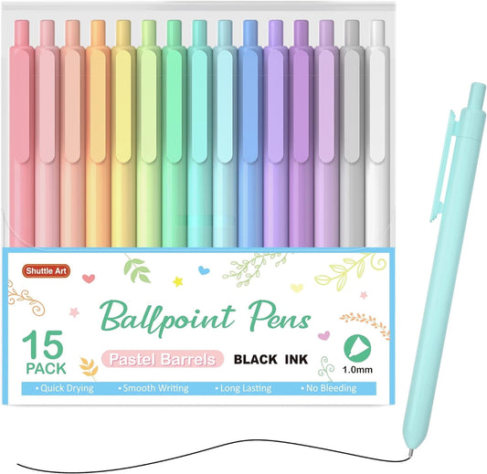 Shuttle Art Pastel Retractable Pens, Ballpoint, 1 mm, Black Ink, 15 Pack