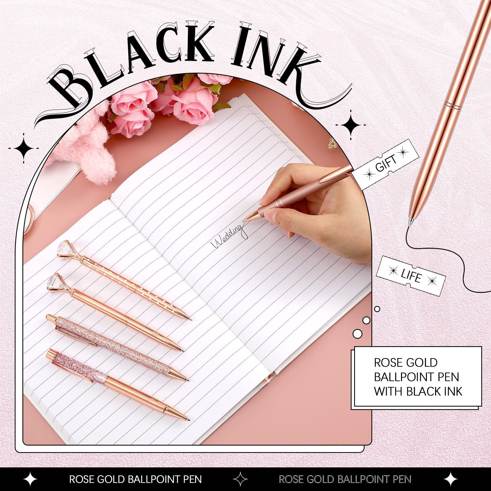 8 Pcs Rose Gold Ballpoint Pen Women Stationery Gifts Journaling Liquid Sand Glitter Black Ink Pens Bridal Shower Gifts for Wedding Office Desk Supplies