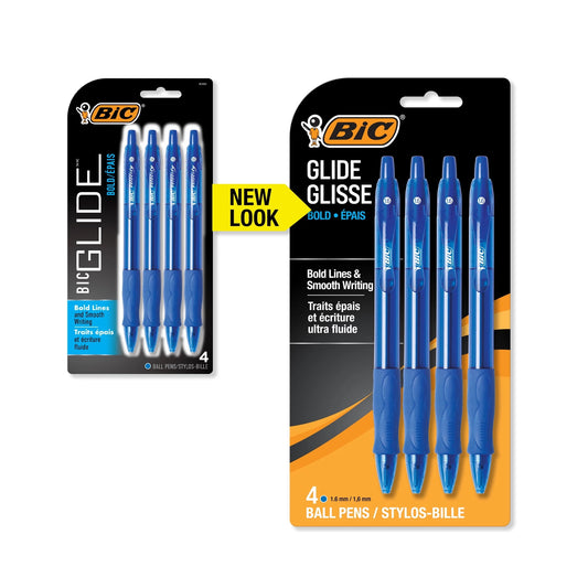 BIC Glide Retractable Ball Point Pen, Bold Point, 1.6mm, Blue Ink, 4 Count